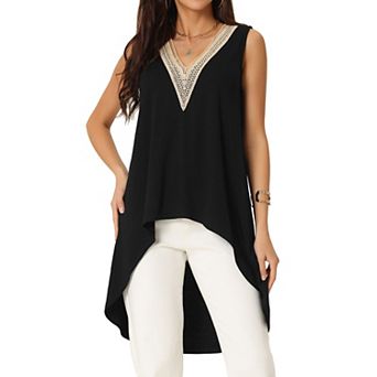 Women's High Low Asymmetrical Tops Sleeveless V-neck Irregular Hem Flowy Blouse Tops