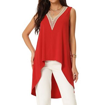 Women's High Low Asymmetrical Tops Sleeveless V-neck Irregular Hem Flowy Blouse Tops