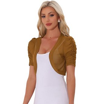 Casual Short Sleeve Mesh Sheer Shrug For Women Open Front Cropped Cardigan Bolero
