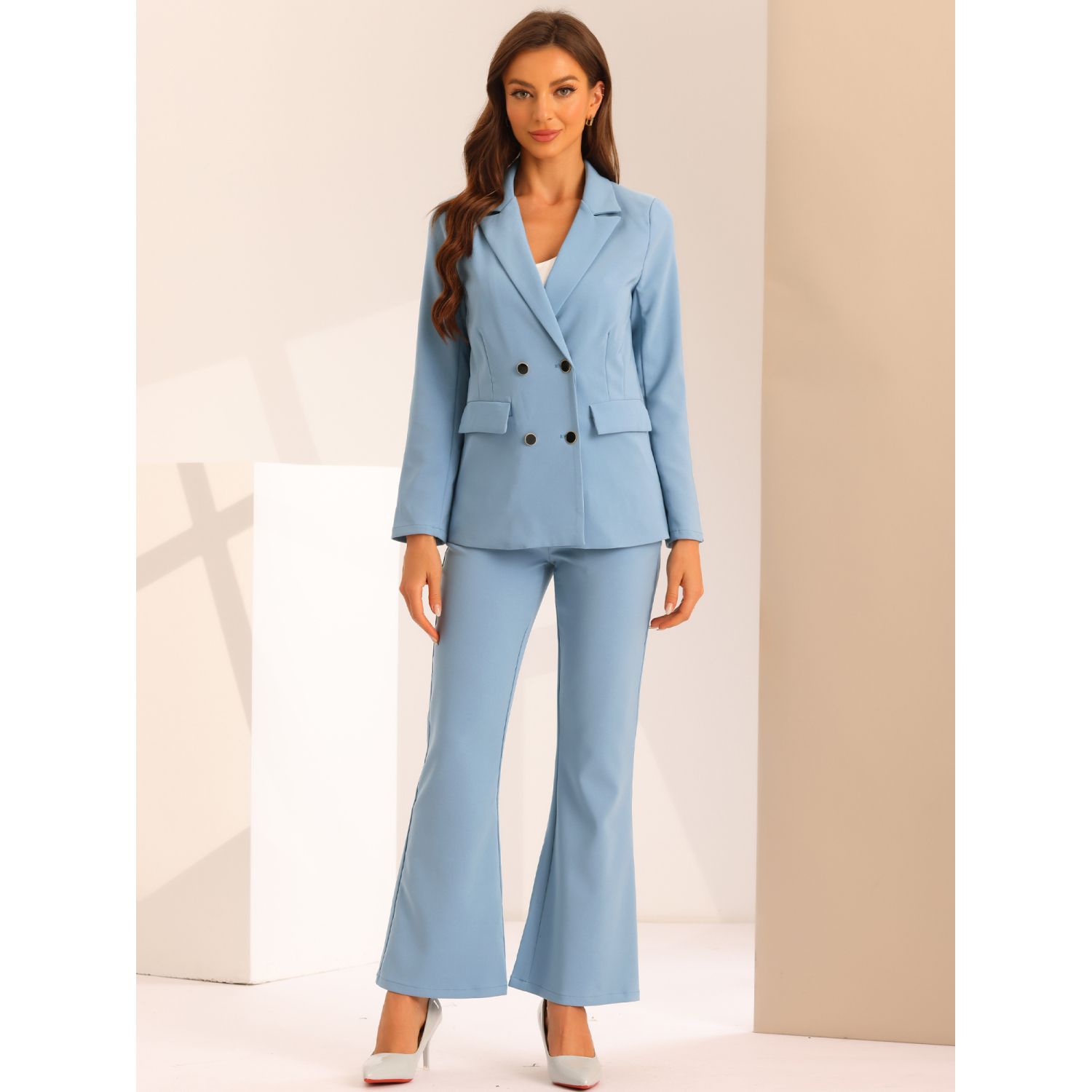 Allegra K 2 Piece Work Suit for Women's Business Formal Double-Breasted Blazer and Pants Set Business Work Suit Set For Women's 2 Piece Notched Lapel Blazer And Long  Pants