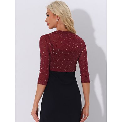 Star Mesh Cardigan For Women Metallic Long Sleeve Party Crop Sheer Bolero Shrug