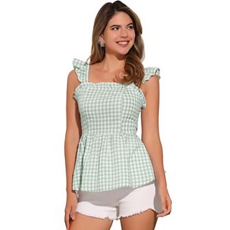Gingham Peplum Top for Women Summer Square Neck Sleeveless Plaid Blouse