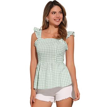 Gingham Peplum Top For Women Summer Square Neck Sleeveless Plaid Blouse