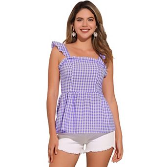 Gingham Peplum Top For Women Summer Square Neck Sleeveless Plaid Blouse