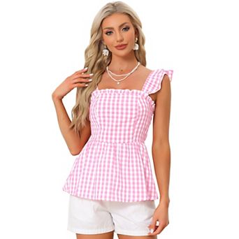 Gingham Peplum Top for Women Summer Square Neck Sleeveless Plaid Blouse