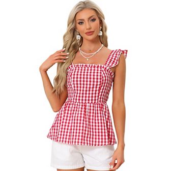 Gingham Peplum Top for Women Summer Square Neck Sleeveless Plaid Blouse