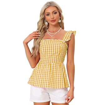Gingham Peplum Top For Women Summer Square Neck Sleeveless Plaid Blouse