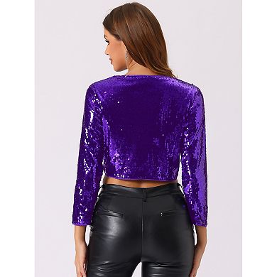 Women's Sequin Jacket Sparkly Party 3/4 Sleeve Open Front Crop Bolero Shrug Cardigan
