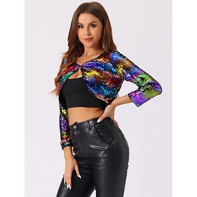 Women's Sequin Jacket Sparkly Party 3/4 Sleeve Open Front Crop Bolero Shrug Cardigan