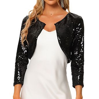 Women's Sequin Jacket Sparkly Party 3/4 Sleeve Open Front Crop Bolero Shrug Cardigan