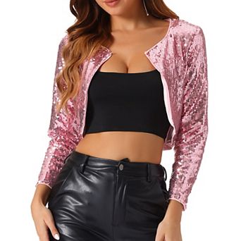 Women's Sequin Jacket Sparkly Party 3/4 Sleeve Open Front Crop Bolero Shrug Cardigan