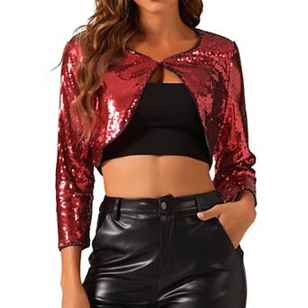 Women's Sequin Jacket Sparkly Party 3/4 Sleeve Open Front Crop Bolero Shrug Cardigan