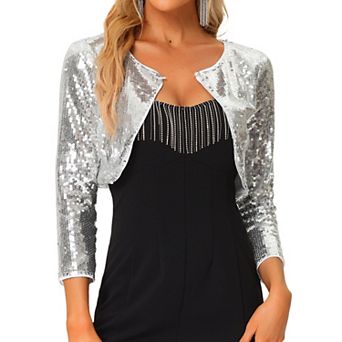Women's Sequin Jacket Sparkly Party 3/4 Sleeve Open Front Crop Bolero Shrug Cardigan