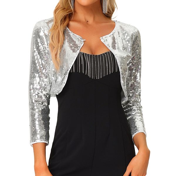 Women's Sequin Jacket Sparkly Party 3/4 Sleeve Open Front Crop Bolero ...