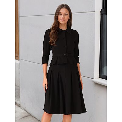 2 Piece 3/4 Sleeve Cropped Belted Blazer and Pleated Skirt Business Suit Sets, Lake Blue / XS