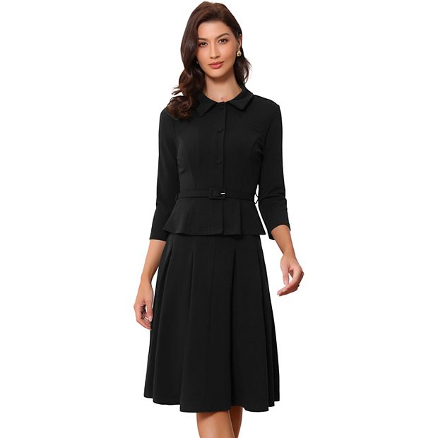 Casual O Neck Long Sleeve Solid White Dress High Waist Pleated