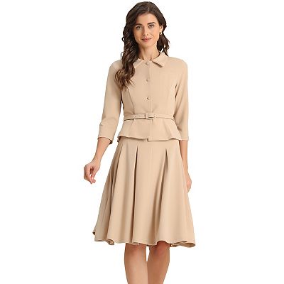 Allegra K Women's Business Office Long Sleeve Blazer Jacket Pleated Skirts 2 Piece Suit Sets Outfits