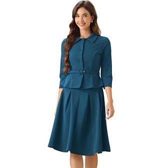 Business Skirt Suit Sets For Women's 2 pc Outfits Office Long Sleeve Blazer Jacket Pleated Skirts