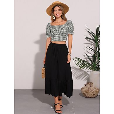 Smocked Crop Top for Women Bubble Sleeve Peasant Gingham Plaid Tops