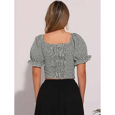 Smocked Crop Top for Women Bubble Sleeve Peasant Gingham Plaid Tops