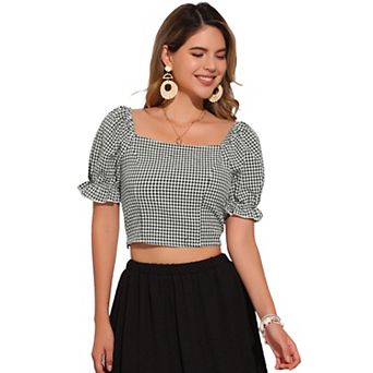 Smocked Crop Top for Women Bubble Sleeve Peasant Gingham Plaid Tops
