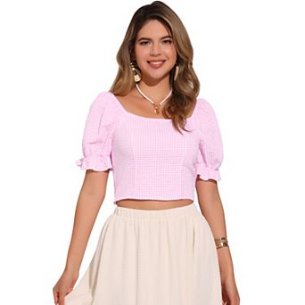 Smocked Crop Top for Women Bubble Sleeve Peasant Gingham Plaid Tops