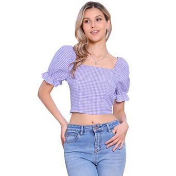 Smocked Crop Top for Women Bubble Sleeve Peasant Gingham Plaid Tops