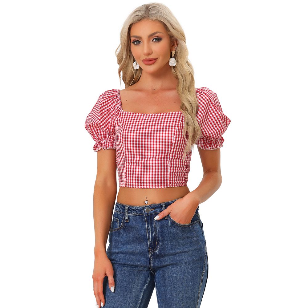 Smocked Crop Top for Women Bubble Sleeve Peasant Gingham Plaid Tops