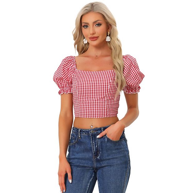 Smocked Crop Top for Women Bubble Sleeve Peasant Gingham Plaid Tops