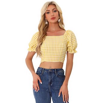 Smocked Crop Top for Women Bubble Sleeve Peasant Gingham Plaid Tops
