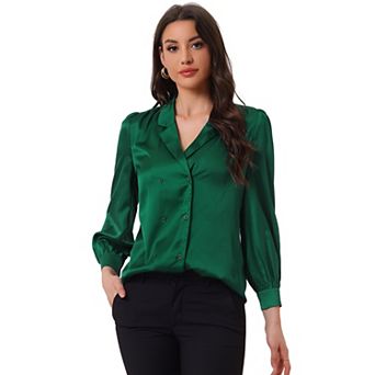 Work Business Casual Button Down Shirt For Women Satin Long Sleeve Blouse