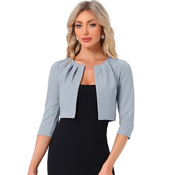 3/4 Sleeve Shrug Top for Women Collarless Pleated Open Front Cropped Cardigan