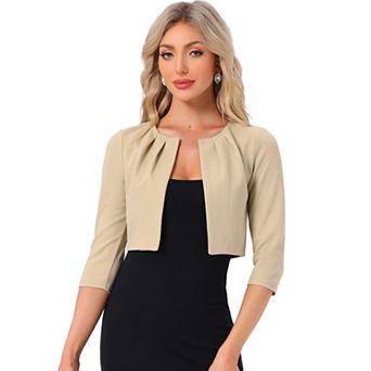 3/4 Sleeve Shrug Top for Women Collarless Pleated Open Front Cropped Cardigan
