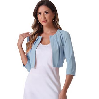 3/4 Sleeve Shrug Top for Women Collarless Pleated Open Front Cropped Cardigan