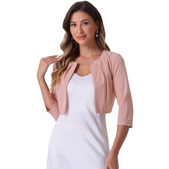 3/4 Sleeve Shrug Top For Women Collarless Pleated Open Front Cropped Cardigan