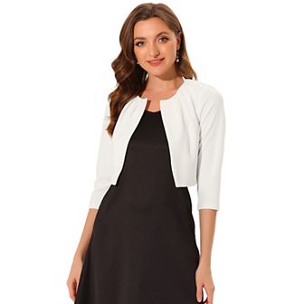 3/4 Sleeve Shrug Top for Women Collarless Pleated Open Front Cropped Cardigan