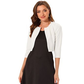 3/4 Sleeve Shrug Top For Women Collarless Pleated Open Front Cropped Cardigan