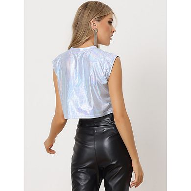 Metallic Tank Top For Women Round Neck Party Sleeveless Holographic Crop Top