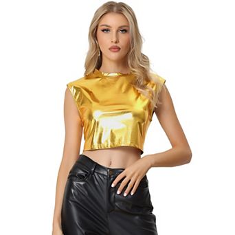 Metallic Tank Top For Women Round Neck Party Sleeveless Holographic Crop Top