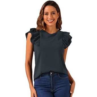 Ruffle Shirt For Women Round Neck Cap Sleeve Blouse Tops