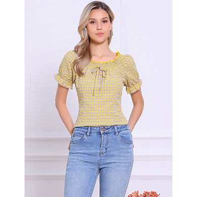 Gingham Plaid Blouse for Woman's Peasant Round Neck Ruffles Puffy Sleeve Top