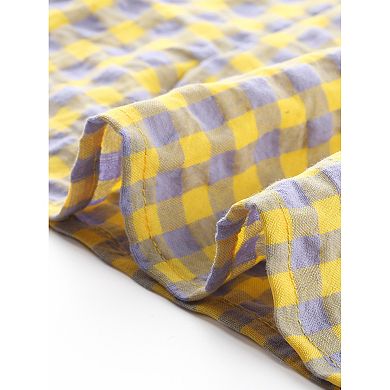 Gingham Plaid Blouse for Woman's Peasant Round Neck Ruffles Puffy Sleeve Top