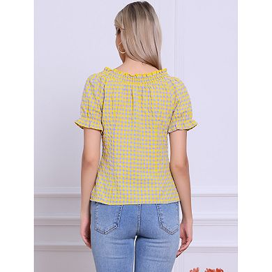 Gingham Plaid Blouse for Woman's Peasant Round Neck Ruffles Puffy Sleeve Top