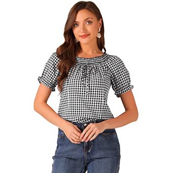 Gingham Plaid Blouse for Woman's Peasant Round Neck Ruffles Puffy Sleeve Top