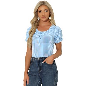 Gingham Plaid Blouse for Woman's Peasant Round Neck Ruffles Puffy Sleeve Top
