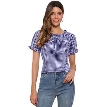 Gingham Plaid Blouse for Woman's Peasant Round Neck Ruffles Puffy Sleeve Top