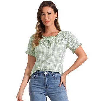 Gingham Plaid Blouse for Woman's Peasant Round Neck Ruffles Puffy Sleeve Top