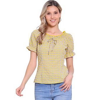 Gingham Plaid Blouse for Woman's Peasant Round Neck Ruffles Puffy Sleeve Top