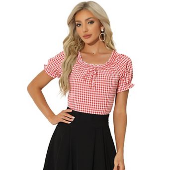 Gingham Plaid Blouse for Woman's Peasant Round Neck Ruffles Puffy Sleeve Top