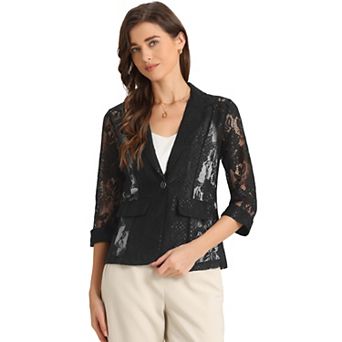 Women's Business Casual Blazers Floral Lace 3/4 Sleeve Single Button Elegant Blazer Suits